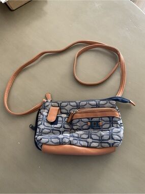 Women's Navy Patterned Crossbody with Tan Trim